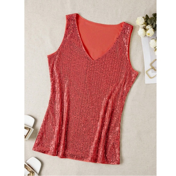 All Over Sequin Red V-Neck Cami Top - Picture 3 of 5